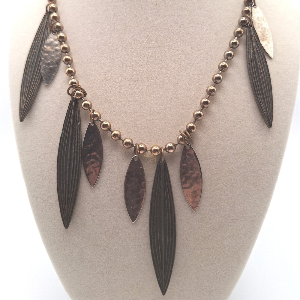 Leaf drop beaded necklace fringe engraved bronze gold tone Bohemian Brutalist